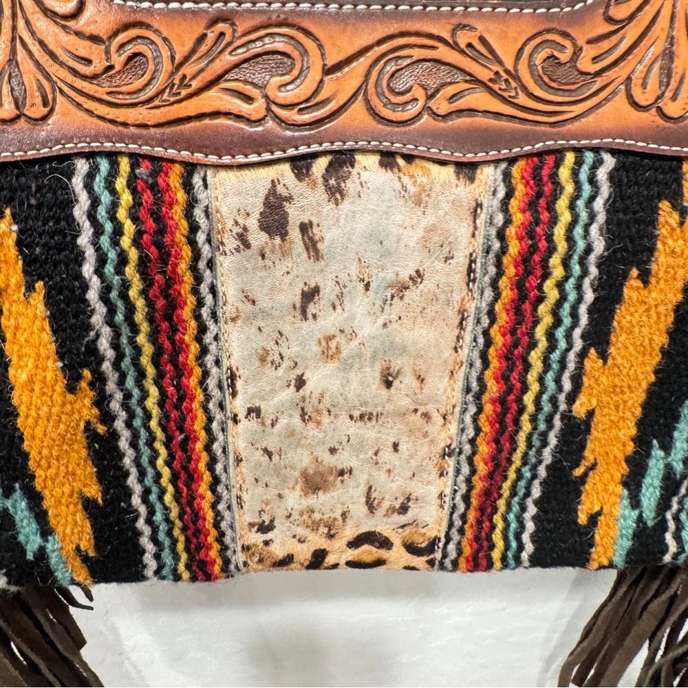 Rafter T Ranch Co Tooled Leather Should Bag Purse Southwestern Aztec Fringed - Picture 9 of 10